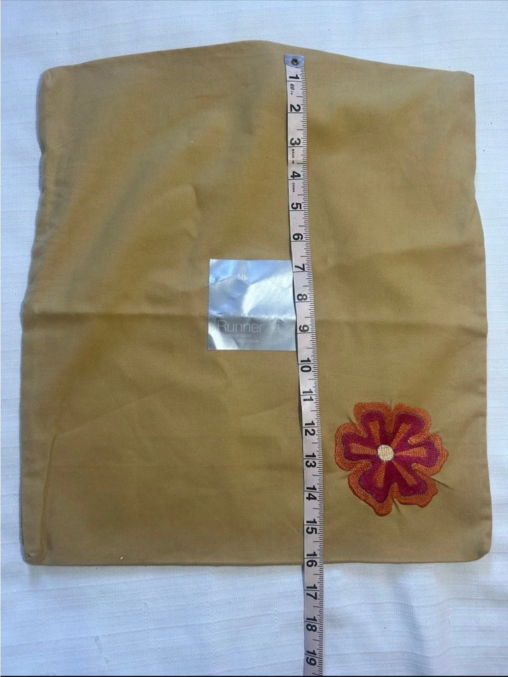 Crate & Barrel Cotton Pillow Cover Yellow Gold Embroidered Flower New 16x14